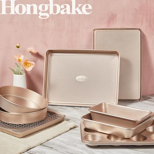 HONGBAKE 9-Piece Baking Pans Set Nonstick, Stackable Non Toxic Bakeware Sets with Diamond Texture, Oven Pan Set for Cooking, Includes Cookie Sheet with Rack, Cake Pan, Roasting Pan, Muffin Tin, Gold - color: Champagne Gold