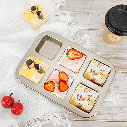 Beasea Mini Brownie Pan, 2 Pack 6 Cavity Gold Square Inidividual Brownie Muffin Cake Cutter Pan Mini Cheesecake Cupcake Bakeware Carbon Steel Brownie Baking Tray Bakeware for Oven Baking - color: Gold Brownie Mini