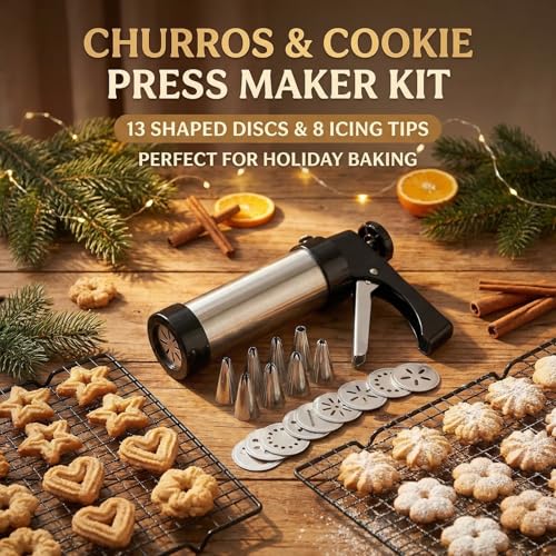 Cookie Press Kit, Stainless Steel Cookie Gun with 13 Discs & 8 Nozzles, Effortless Cookie Maker and Frosting Decorating Tool for Bakers
