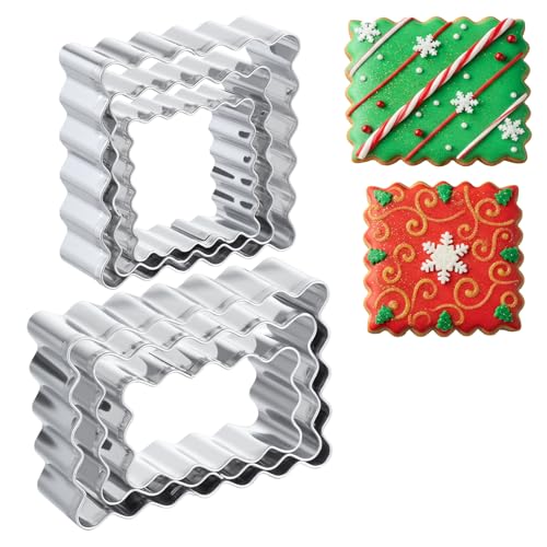 Rectangle Cookie Cutter Set with Scalloped Edge Assorted Sizes, 6 PCS Stainless Steel Square Cookie Cutter with Fluted Edge, Geometric Frame Plaque Cookies Cutters Shapes Molds