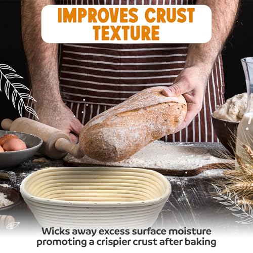 Vollum Banneton Bread Proofing Basket & Liner – Handmade Rustic Sourdough Bread Baking Supplies, Brotform Basket, Sour Dough Tools, Gifts for Bakers - Round - 10"D x 3.5"H - size: 10"D x 3.5"H, style: Round