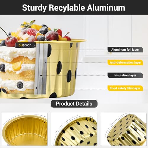 EUSOAR Creme Brulee Ramekins - 50pcs 5oz Disposable Aluminum Foil Baking Cups with Lids, Dessert Containers - color: Gold Polka Dot, size: 50pcs