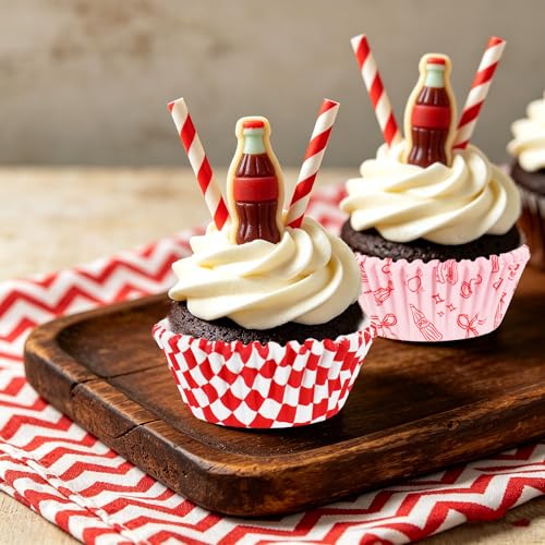 JarThenaAMCS 300 Pcs She's Ready to Pop Cupcake Liner Red White Plaid Bow Paper Baking Cups Soda Muffin Liners Wrappers for Baby Shower Gender Reveal Newborn Party, 2 x 1.2 Inch