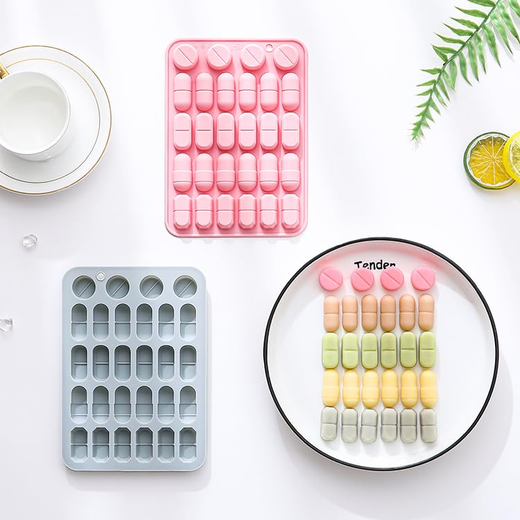 2 Pcs Silicone Molds for Pills, 28 Cavity Capsule Shaped Molds Trays for DIY Chocolate, Candy, Ice Cube, Gummy, Jello, Jelly, Cupcake Decorations, Candles, Soaps