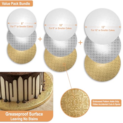0.5" Cake Drums 8, 10 & 12 Inch (3 Pack/Size) White, Silver & Gold Colors - color: White + Silver + Gold, size: 8"+10"+12"