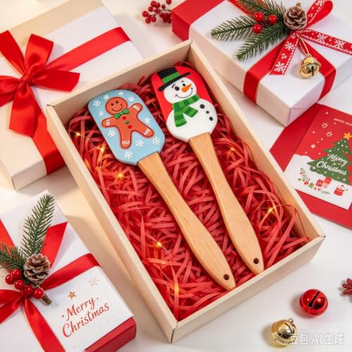4 PCS Christmas Silicone Spatula Set with Wooden Handle for Baking - size: 4PCS Christmas