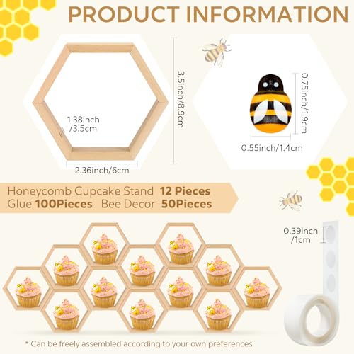 Fairysandy 12 Pcs Mini Honeycomb Cupcake Stand 50 Tiny Wooden Bee, Wood - color: Wood Color