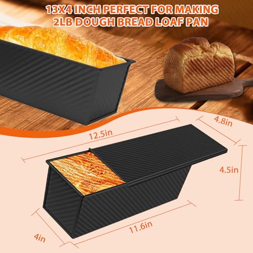 Non-Stick Pullman Loaf Pan with Lid 13x4 Inch - 2.2lb Carbon Steel Bread Baking Pan with 4 Vent Holes, Heavy Duty Sourdough Loaf Pan with Cover for Homemade Sandwich Bread (Black) - color: Black