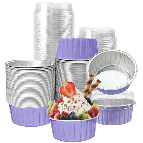 100Pcs Aluminum Cups with Lids,5oz Disposable Ramekin Baking Cups Muffin Liners Mini Pie Pans Foil Cupcake Containers for Christmas Party Wedding Party,Purple - color: Light Purple