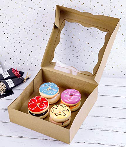 CHERRY 15-Pack 10"x10"x3"Brown Bakery Boxes with PVC Window for Pie and Cookies Boxes Large Natural Kraft Paper Box 10x10x3inch (Brown, 15)