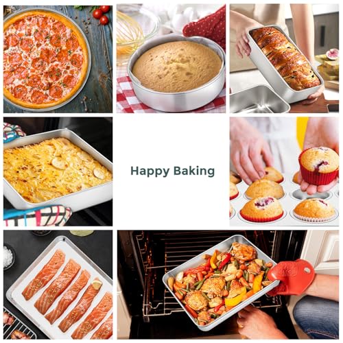 E-far 12-Piece Bakeware Sets, Stainless Steel Baking Pan Set Includes Cookie Sheet, Round Square Rectangle Cake Pans with Lids, Multi-Functional for Loaf Muffin Pizza, Non-toxic & Dishwasher Safe - size: 12-Piece Set