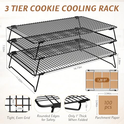 3-Tier Baking Cooling Racks, 17"x11" Stacking Cookie Racks, Collapsible - size: Large