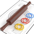 Wood Rolling Pin,17''Sapele Roller with 3 Thickness Rings &Pastry Mat,Brown - color: Brown+Mat