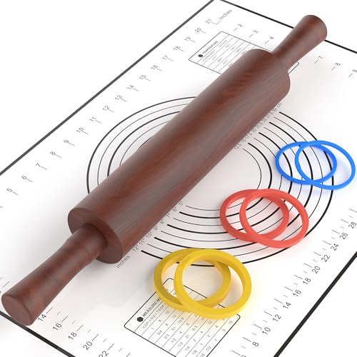 Wood Rolling Pin,17''Sapele Roller with 3 Thickness Rings &Pastry Mat,Brown - color: Brown+Mat