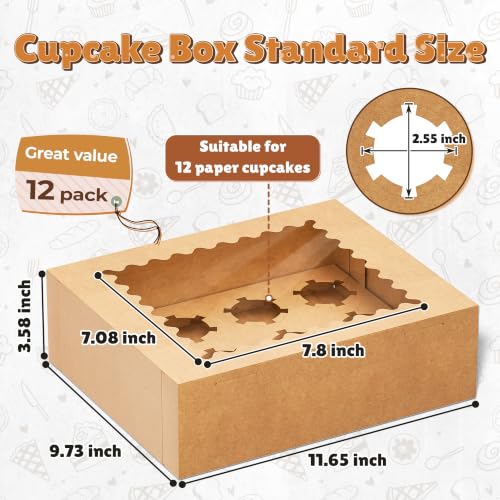 RYDDOY 12 Pack Brown Cupcake Boxes, Hold 12 Count Cupcake, Cupcake Carriers - color: Brown