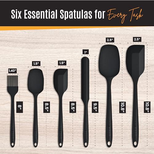 NEXTOP Silicone Spatula Set, 6-Piece Kitchen Utensil Set with Silicone Spatulas and Basting Brush, One-Piece Design for Mixing, Baking, Scraping, Stirring and Cooking, Nonstick Friendly (Black Set)