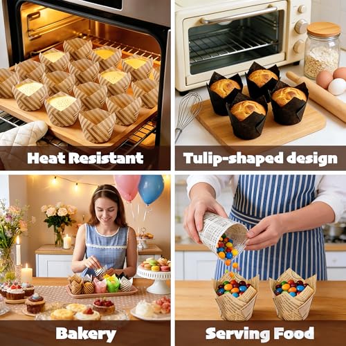 50 Pcs Tulip Cupcake Liners for Baking Cups, Natural Striped - color: Natrual Stripe