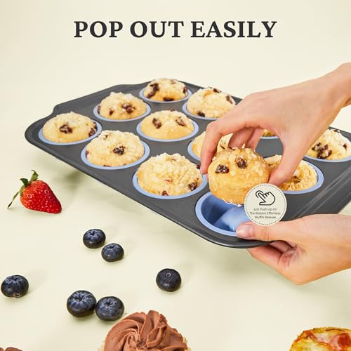 BRONYPRO Silicone Muffin Pans for Baking with Metal Frame, Egg Bite Molds, 12-Cup Regular Size Cupcake Pan, Easy-Release Nonstick Food-Grade Silicone, Cleaning Brush Included, Oven Safe, Blue - color: Blue, size: 12-Cup Standard