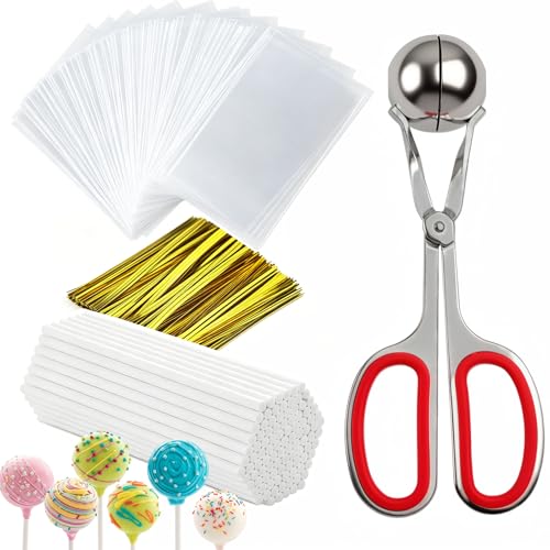 Cake Pop Molds Lollipop Cake Pop Kit Cake Pop Sticks and Wrappers Kit with 100Pc Cake Pop Sticks Candy Treat Bags Gold Twist Ties Meatball Scoop Ball Maker for Lollipop Candy Chocolate Cookie - color: Red