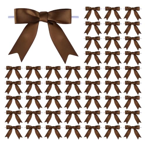 Meseey 50 Pcs 3 Inches Twist Tie Satin Ribbon Bows Brown Pretied Premade Craft Bows for Treat Bags Gift Wrapping Basket Wedding Baby Shower Brithday Christmas Party (3", Brown) - color: Brown