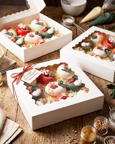 qiqee 10x10x2.5 Inch White Pie Boxes with Window 12Packs Cookie Donut Bakery Box (Auto-pop Up) - color: 12Packs, White