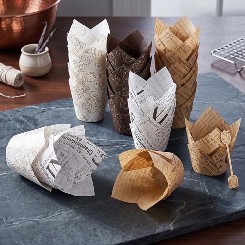 200 Pcs Newspaper Tulip Cupcake Liners for Baking, Newspaper and Stripe - color: Mix Color 2