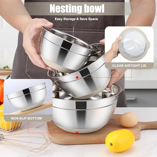 E-far Stainless Steel Mixing Bowls with Lids & Colander, 15PCS - color: Khaki