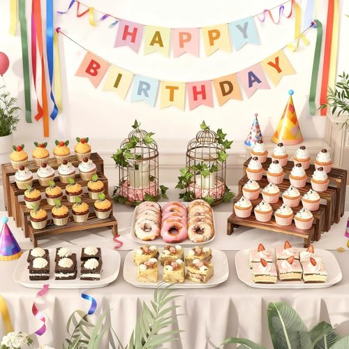 Large 2 Set Stackable Wooden Cupcake Stand Tiered Riser Display Stands for Vendor Events Vendor Booth Display Items Farmhouse Decor Wood Dessert Table Display Set (Dark Brown, 2Pack)