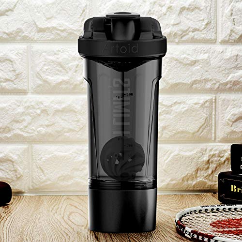 Artoid Mode Fitness Workout Sports Protein Shaker Bottle 24-Ounce, Dual Mixing Technology with Shaker Balls & Mixing Grids Included, Twist and Lock Protein Box Storage Included - color: Stone Gray/Black