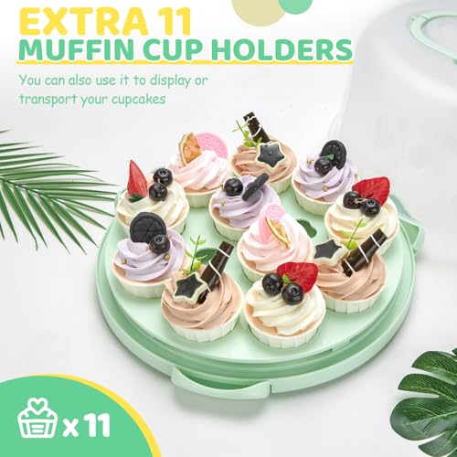 Cake Carrier with Lid and Handle, Ohuhu BPA-Free Cake Containers Cake Holder for 10 inch Cake with 2 Handle Cupcake Carrier - Plastic Cover Two Sided Base for Transport Pie Nut Fruit Mothers Day Gifts - color: Green