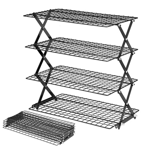BEWOS 4 Tier Collapsible Cooling Rack - Adjustable Black Stainless Steel Baking Rack with Mesh Leak Proof, Foldable X-Shaped Structure Cooling Racks for Cooking and Baking - color: Black, size: 4 Tier