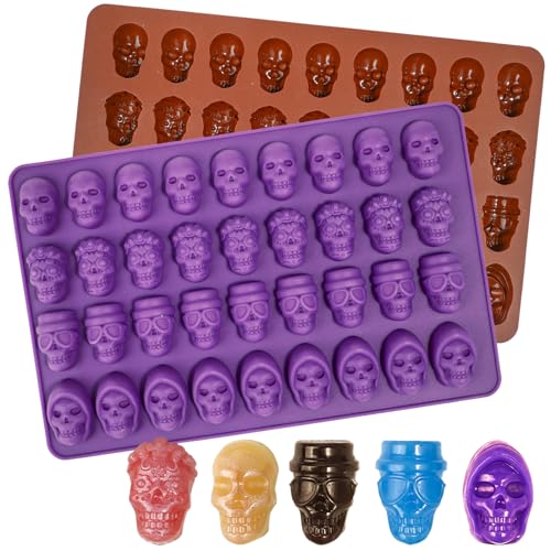 Webake Mini Skull Candy Mold with 4 Different Shapes, 36-Cavity Halloween Skull Silicone Chocolate Candy Mold for Gummy, Chocolate, Candy, Jello, Cupcake Decoration（2PCS）