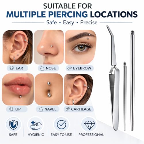 17PCS Piercing Insertion Tool, Stainless Steel Body Jewelry - color: Tweezers+ Piercing Tapers