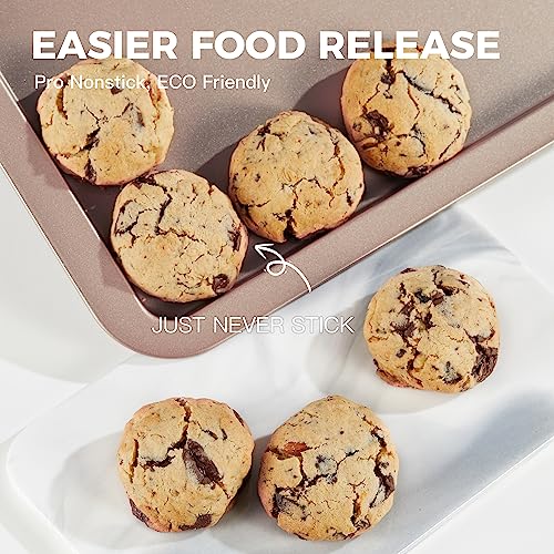 HONGBAKE Cookie Sheets, Baking Sheet Set, Nonstick Oven Pan with Wider Grips, 3 Pack Half/Jelly Roll/Quarter Baking Tray, Premium & Dishwasher Safe - color: Champagne Gold
