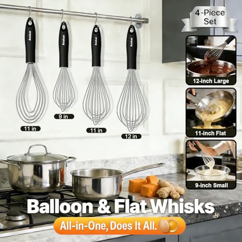 Anaeat Stainless Steel Kitchen Whisk Set of 4, Milk and Egg Beater Blender with Thick Wire for Whisking, Cooking, Baking, Beating and Stirring - 11'' Flat Whisk and 9''+11''+12'' Balloon Whisks - color: 4 Pcs Silver, size: 9+11+12 &11 inch