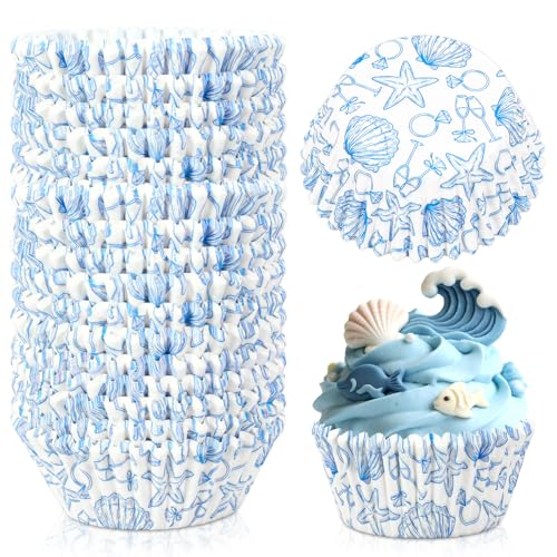 AnyDesign 300Pcs Last Toast on the Coast Cupcake Liners Paper Baking Cups Summer Blue Coastal Beach Standard Muffin Cupcake Wrappers for Bachelorette Bridal Shower Wedding Party Supplies - style: Coastal Beach