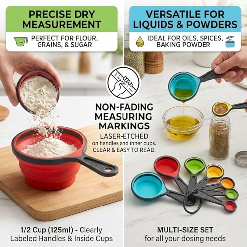 8pc Collapsible Measuring Cups and Spoons Set with 3pc Silicone Funnels for Kitchen Use Filling Bottles, Bottle Brush & Adjustable Tools for Camping