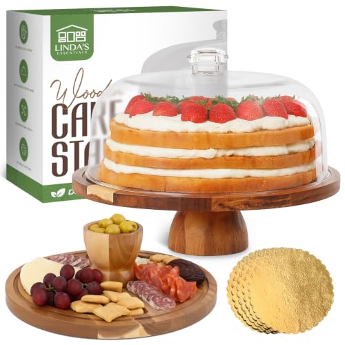 Linda’s Essentials Acacia Wood Cake Stand with Lid (Acrylic) 12 Inch Round Cake Holder Stand with 5 Bonus Cake Sheets, 2-in-1 Wooden Cake Stand with Dome & Charcuterie Board for Cheese, Cake Plate