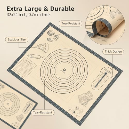Silicone Baking Pastry Dough Mat - 32x24Inch Extra Large Cookie Bread Rolling Mats Sheet, Nonstick Kitchen Counter Kneading Board Thick Reusable Pie Cookies Pizza Fondant Making Matt Measurement(Gray) - size: 24"W x 32"L