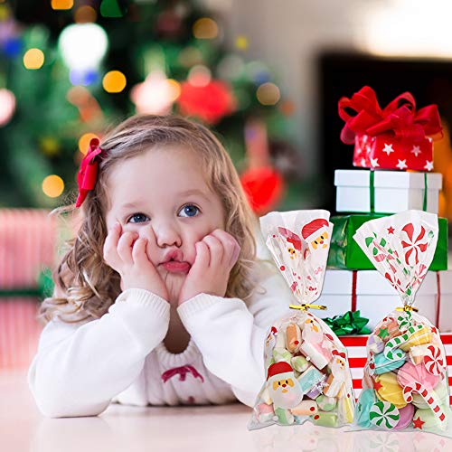 STEFORD 144PCS Christmas Cellophane Bags,Xmas Clear Candy Treat Cellophane Bag with 210PCS Twist Ties for Christmas Party Favors