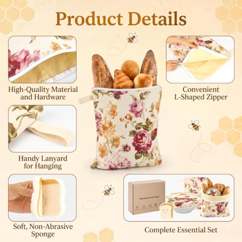 4-Pcs XL Beeswax Bread Bag Set: 2 Bags, Bowl Cover & Cleaning Sponge - color: Flower