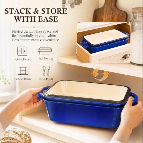2-in-1 Enameled Cast Iron Dutch Oven for Bread Baking, Loaf Pans with Lid - style: Blue 2-in-1 5 Qt