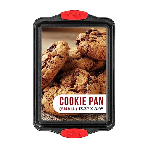 Nonstick Cookie Sheet Pan Carbon Steel Oven Tray Sheet Pan with Red Silicone Handles -Small Bakeware Pan Tray with Gray Coating Inside & Outside - color: Black, size: Small