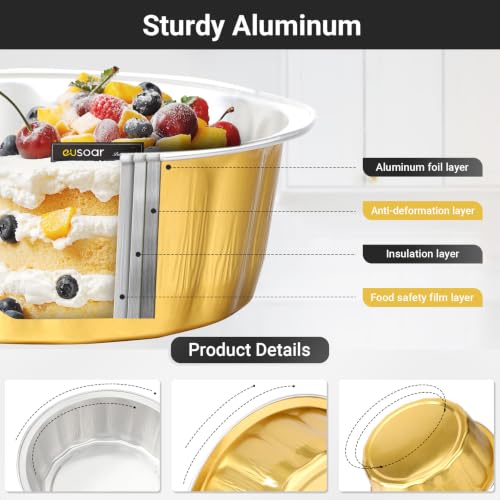 EUSOAR Cupcake Liners for Baking, Gold 30 Pack 8oz Disposable Aluminium Creme Brulee Ramekins Cupcake Liners, Foil Desert Cake Pans Flan Molds Tin Foil Cups Containers with Lids for Baking - color: Gold, size: 30pcs, 8oz
