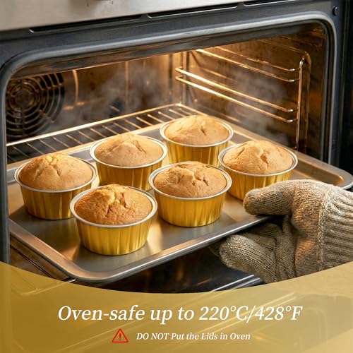 100-Pack 5 oz Gold Mini Cake Pans with Lids, Disposable Aluminum Foil Baking Cups, Muffin Tins, Ramekins for Cupcakes, Brownies, Flan, Pudding - for Wedding, Anniversary, Birthday Parties - color: Gold
