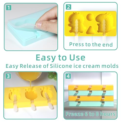 Kids Cartoon Popsicle Molds - 4 Pack, 10-Cavity Food-Grade Silicone Ice Pop Cream Molds, with Reusable Sticks, Non-Stick Flat Design, Easy Release, Stackable for Space Saving - color: Dinosaur + Love + Snowman + Pineapple