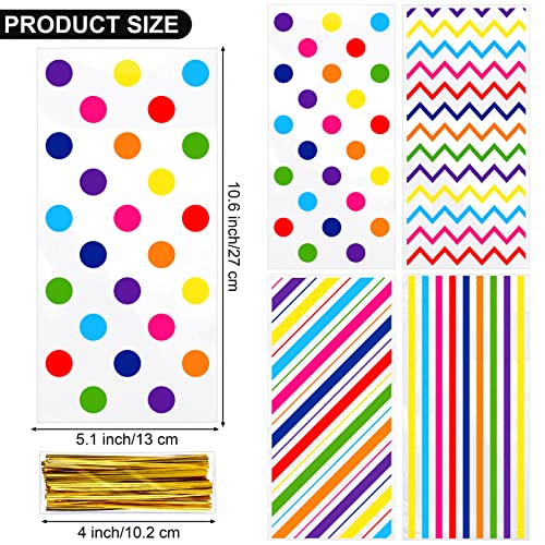 Aodaer 100 Pieces 10.6 x 5.1 In Rainbow Cellophane Bags Plastic Candy Gift Bag Cellophane Treat Bags with Twist Ties Stripes Polka Dot Printed Pattern Goodie Bag for Birthday Weddings Party Favors - color: Rainbow