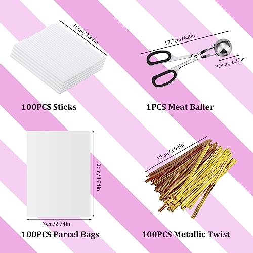 Lollipop Cake Pop Treat Bag Kit, Including 100Pcs Cake Pop Sticks, 100Pcs Parcel Bags, 100Pcs Twist Ties and 1 Cake Pop Mold, Cake Pop Maker Tools for Lollipops, Candies, Chocolates, Cookies - color: White