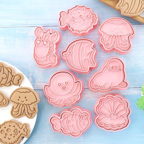 8 Mini Ocean Animal Cookie Cutters Set, 3D Raised Design Animal Embossing Stamps, Sea Lions, Jellyfish, Lobsters, Agouti, Octopus, Clown Fish, Pearl Clams Baking Molds(Ocean-2) - color: Ocean-2