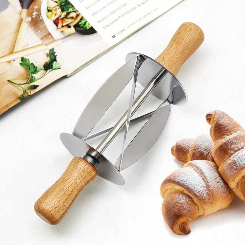 Stainless Steel Croissant Cutter Roller with Ergonomic Wooden Handle, Professional Croissant Rolling Knife & Dough Cutter Wheel, Modern Pastry Croissant Maker for Home Baking, 7.6 x 2.3 Inches